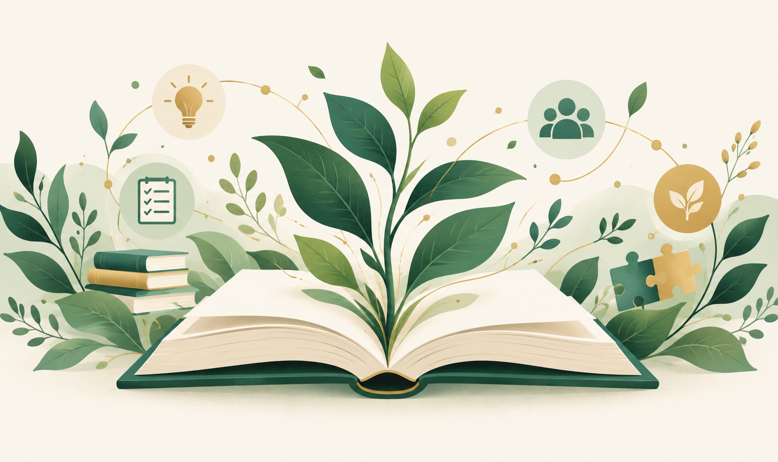 Livro aberto com uma planta crescendo, simbolo de formacao com proposito
