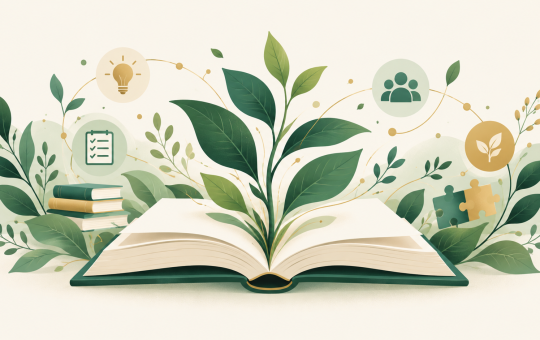 Livro aberto com uma planta crescendo, simbolo de formacao com proposito